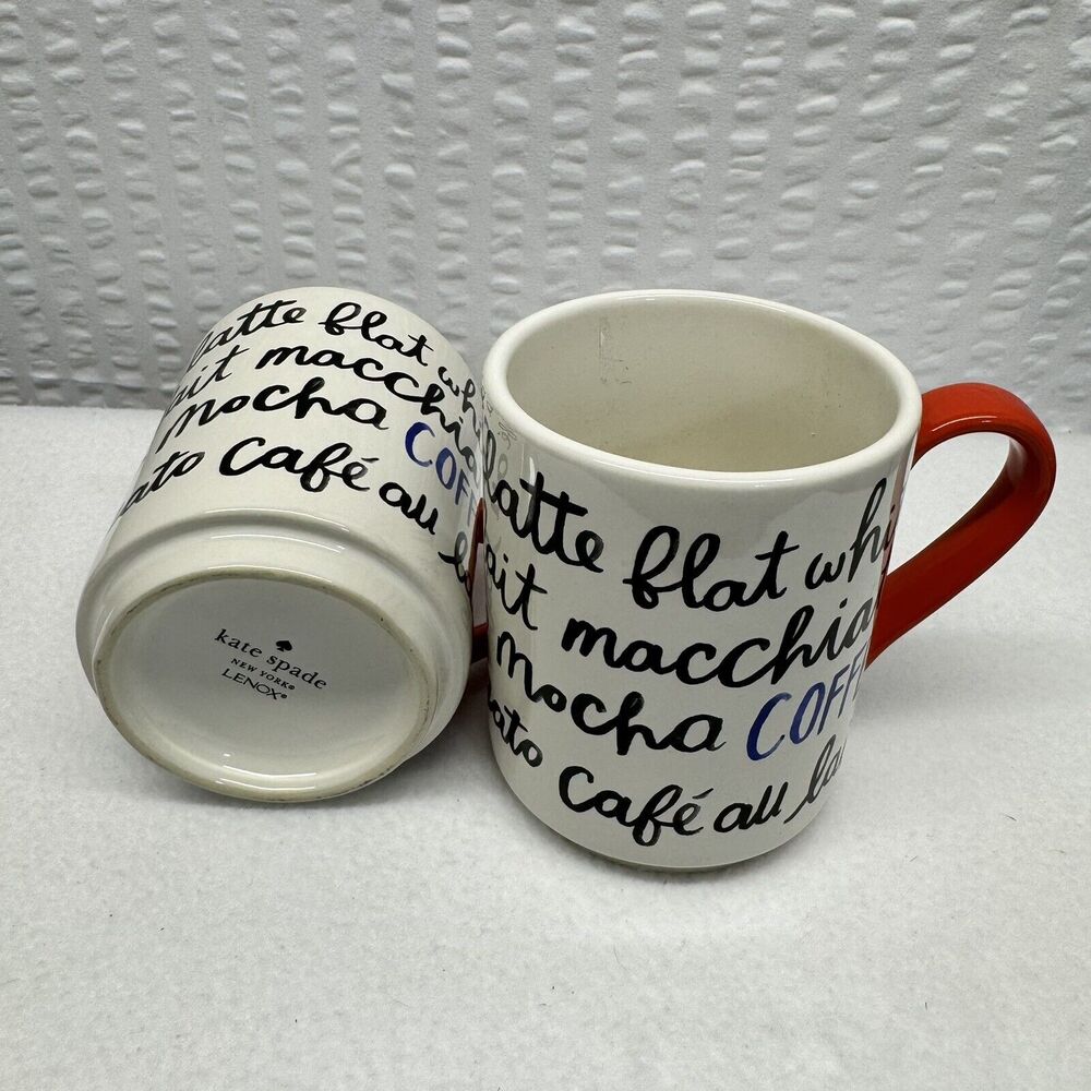 Kate Spade Coffee Mugs Set of 2‎ White Red Script Cafe Core Designer Kitchenware